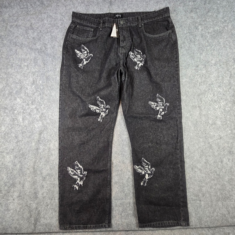 BoohooMAN Dove Embroidered Jeans Mens 42 Black Regular Fit Distressed Streetwear